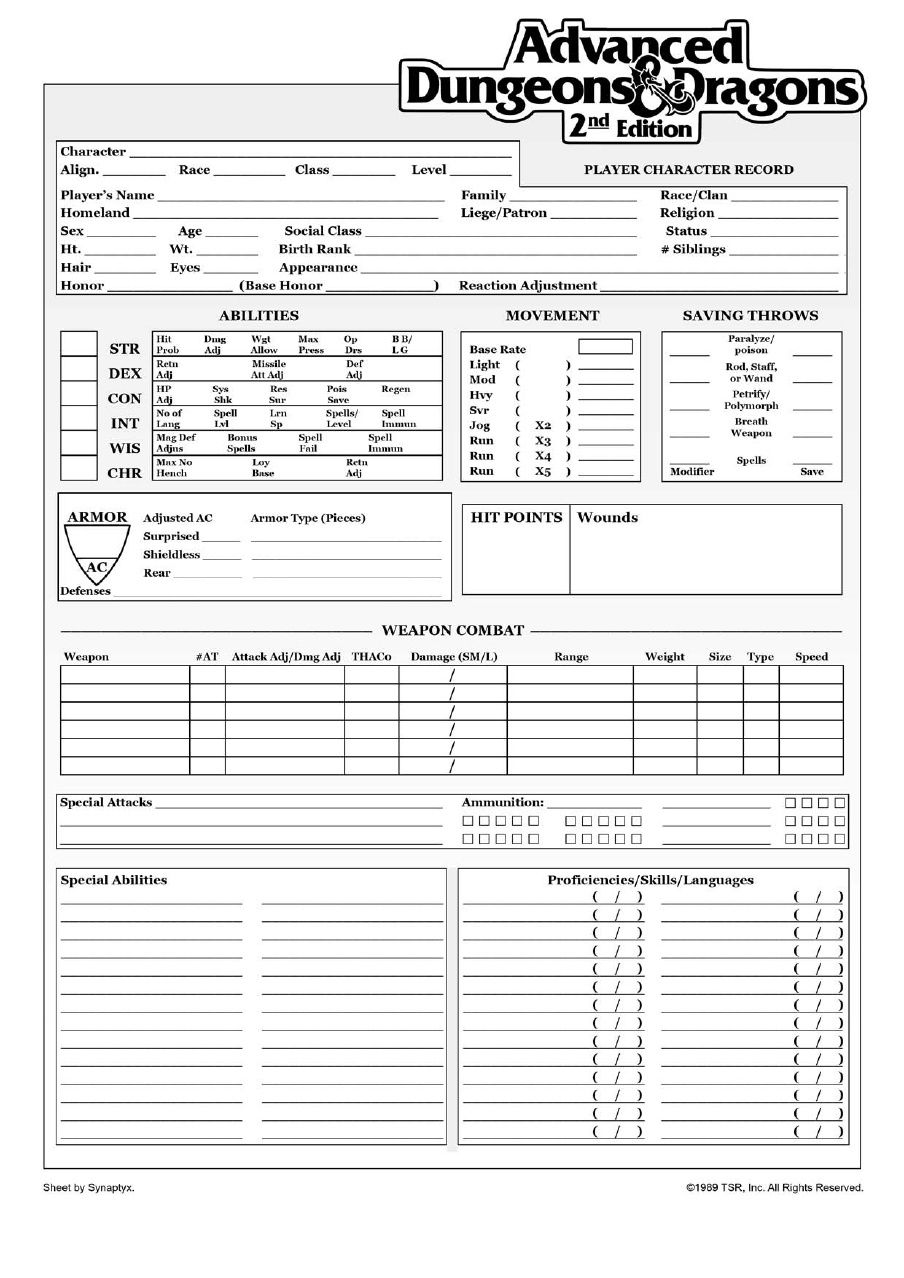 2nd edition dd excel character sheet